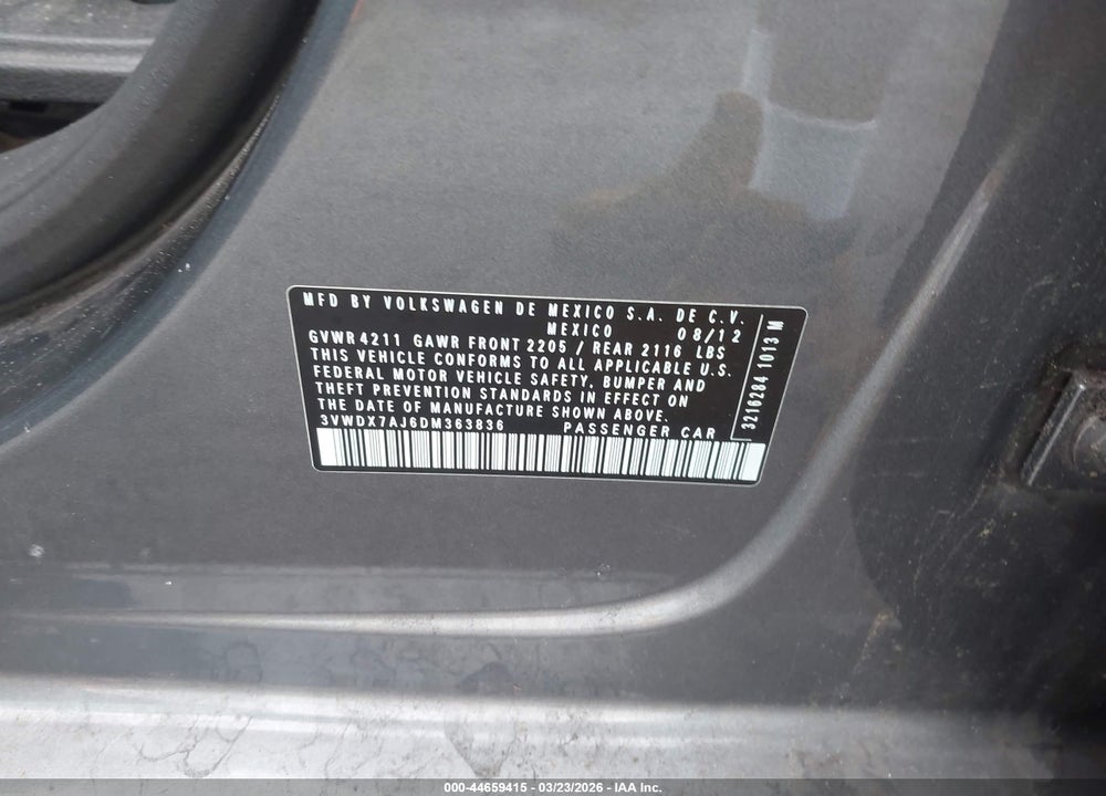 2013 VOLKSWAGEN JETTA 2.5L SE VIN: 3VWDX7AJ6DM363836