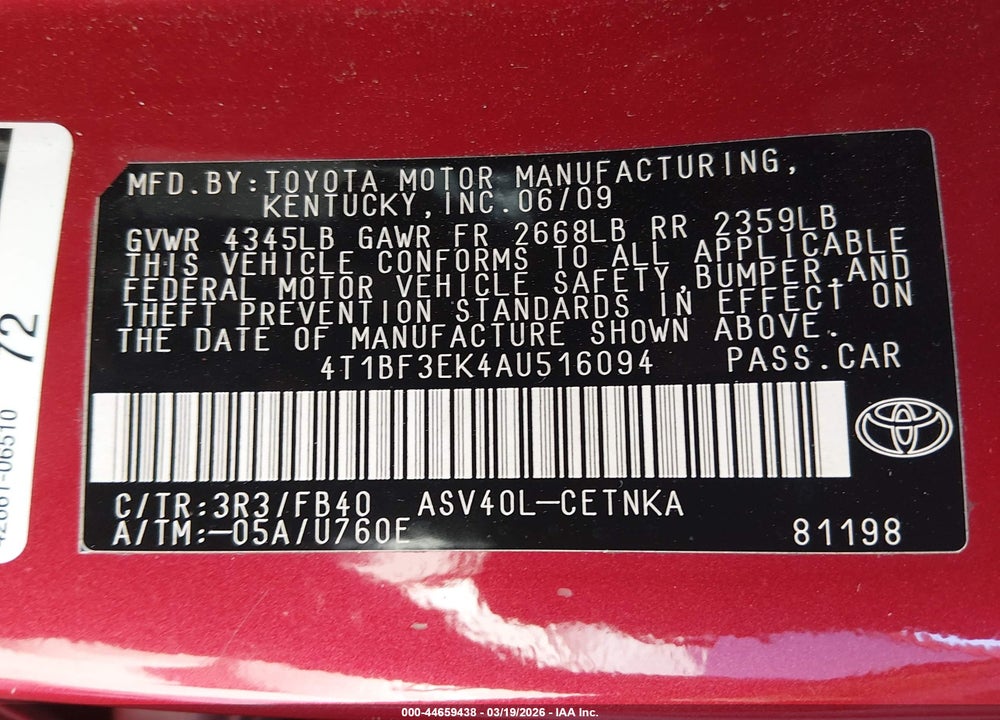 2010 TOYOTA CAMRY LE VIN: 4T1BF3EK4AU516094