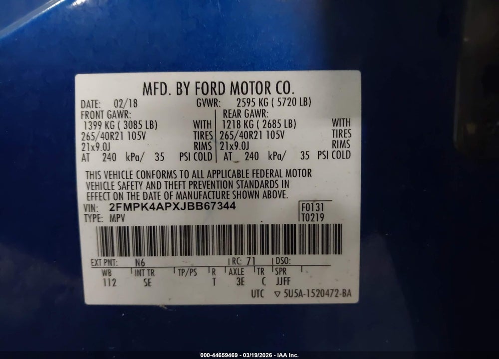 2018 FORD EDGE SPORT VIN: 2FMPK4APXJBB67344