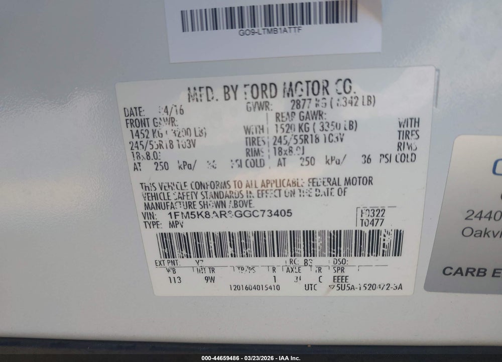 2016 FORD UTILITY POLICE INTERCEPTOR VIN: 1FM5K8AR6GGC73405