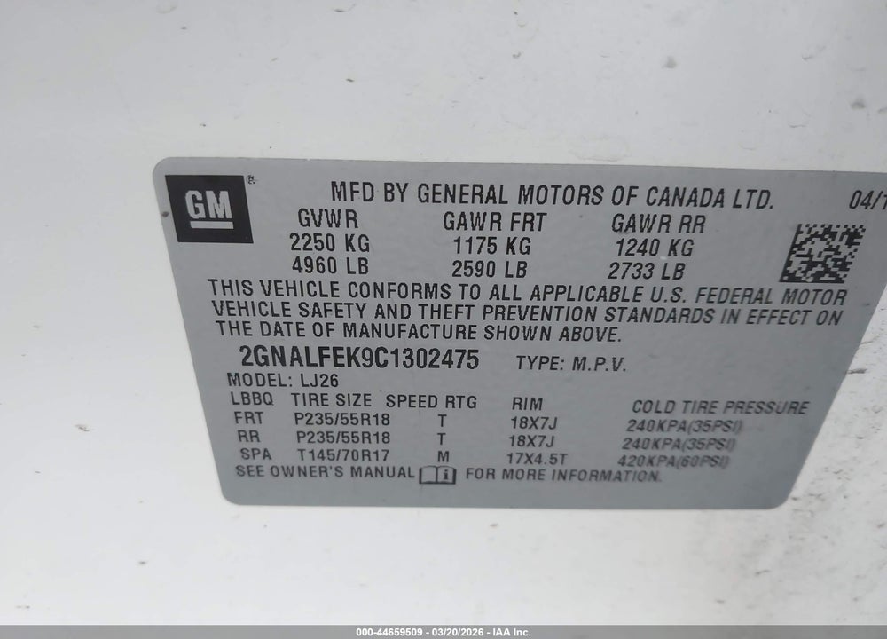 2012 CHEVROLET EQUINOX LTZ VIN: 2GNALFEK9C1302475