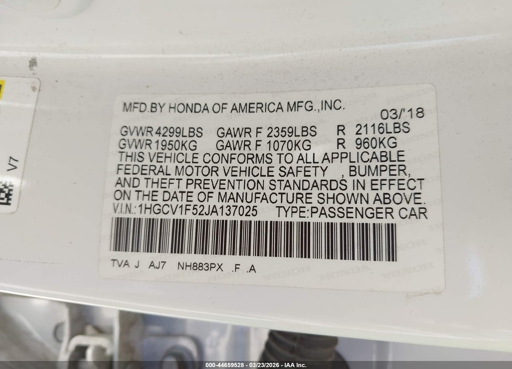 2018 HONDA ACCORD EX-L VIN: 1HGCV1F52JA137025