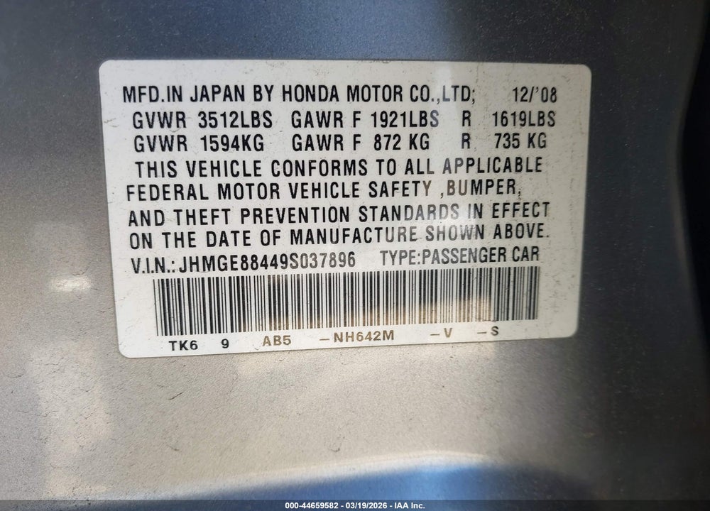 2009 HONDA FIT SPORT VIN: JHMGE88449S037896