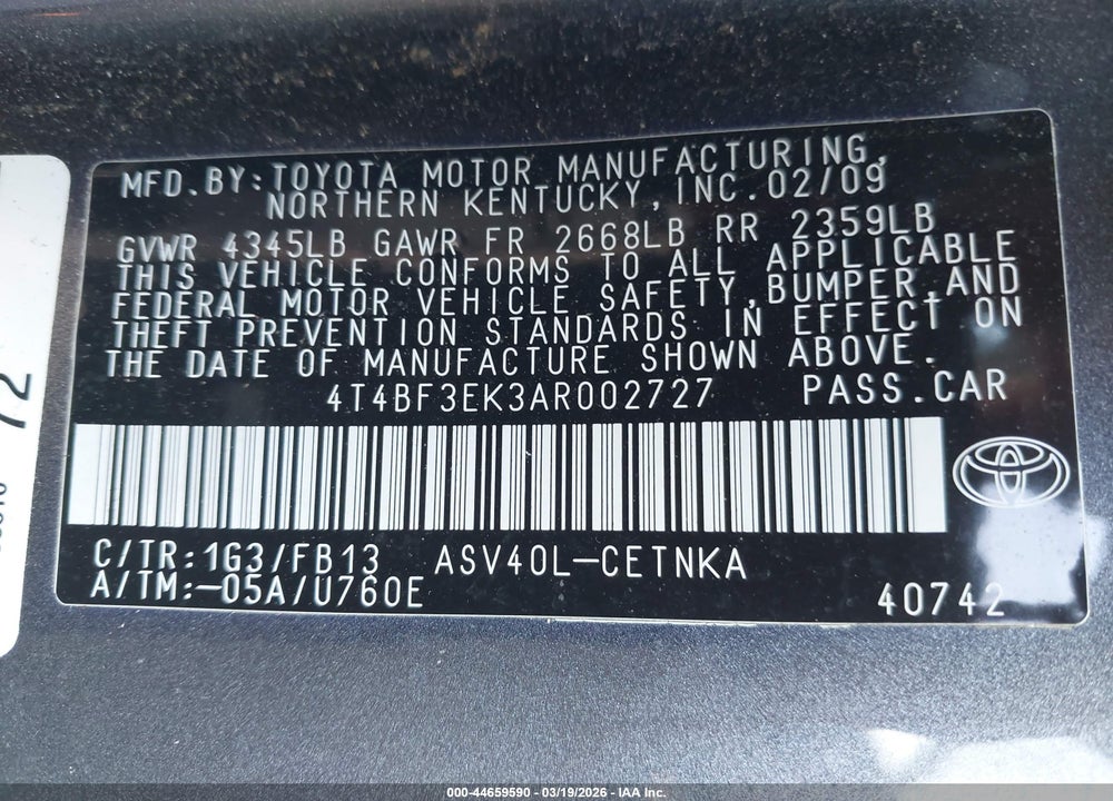 2010 TOYOTA CAMRY LE VIN: 4T4BF3EK3AR002727