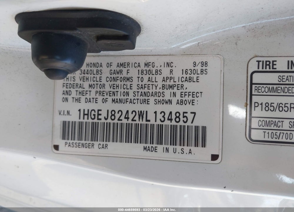 1998 HONDA CIVIC EX VIN: 1HGEJ8242WL134857
