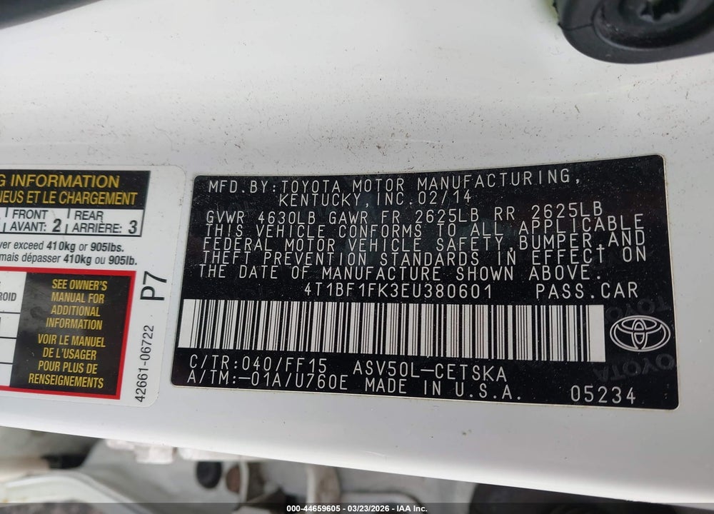 2014 TOYOTA CAMRY SE VIN: 4T1BF1FK3EU380601