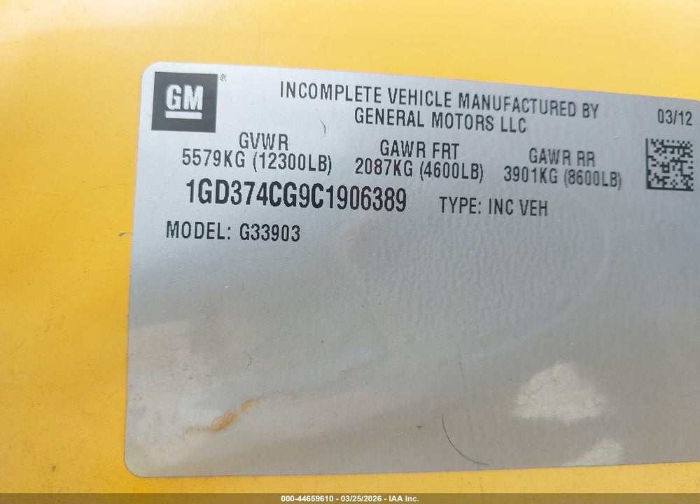 2012 GMC SAVANA CUTAWAY WORK VAN VIN: 1GD374CG9C1906389