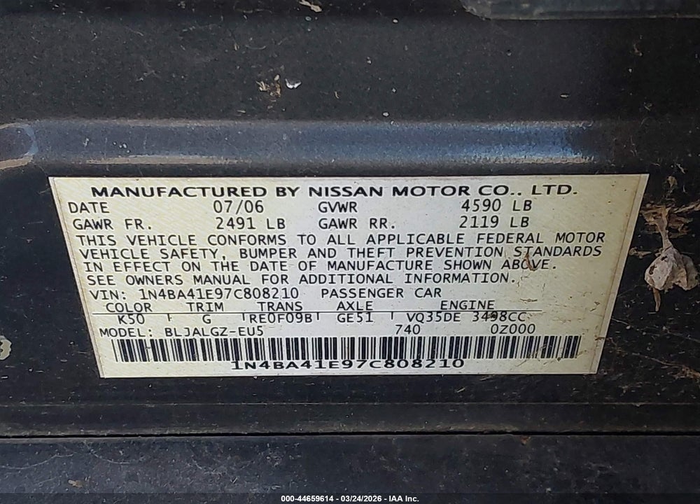 2007 NISSAN MAXIMA 3.5 SL VIN: 1N4BA41E97C808210