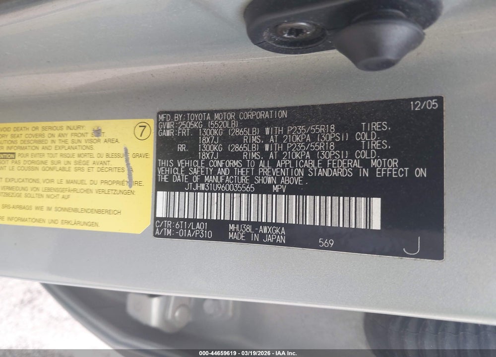 2006 LEXUS RX 400H VIN: JTJHW31U960035565