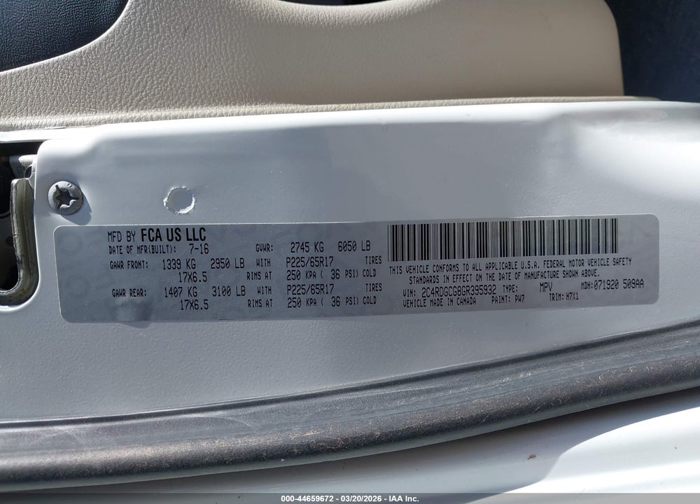 2016 DODGE GRAND CARAVAN SXT VIN: 2C4RDGCG8GR395932
