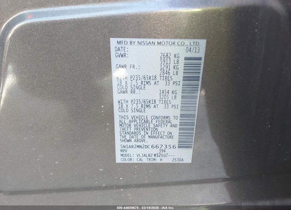 2013 NISSAN PATHFINDER S VIN: 5N1AR2MN2DC667356