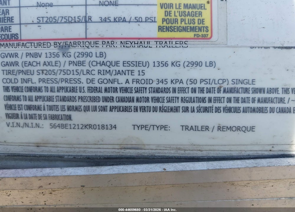 2019 VICTORY 12' NEXHAUL TRAILER VIN: 564BE1212KR018134