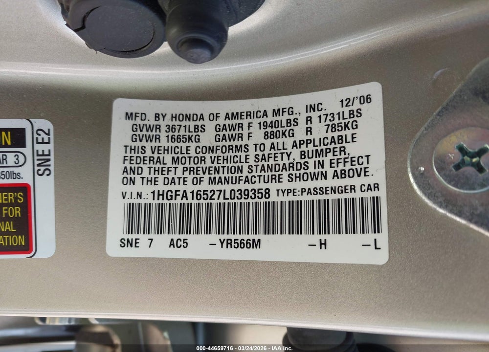 2007 HONDA CIVIC LX VIN: 1HGFA16527L039358