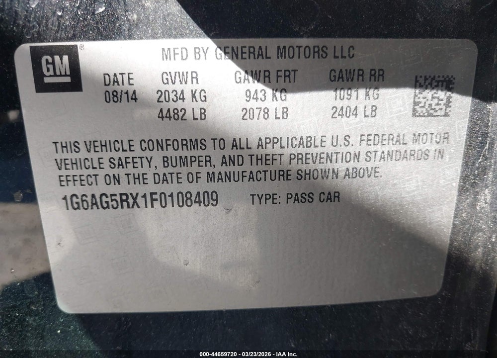 2015 CADILLAC ATS STANDARD VIN: 1G6AG5RX1F0108409