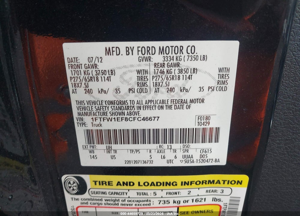 2012 FORD F-150 XLT VIN: 1FTFW1EF8CFC46677