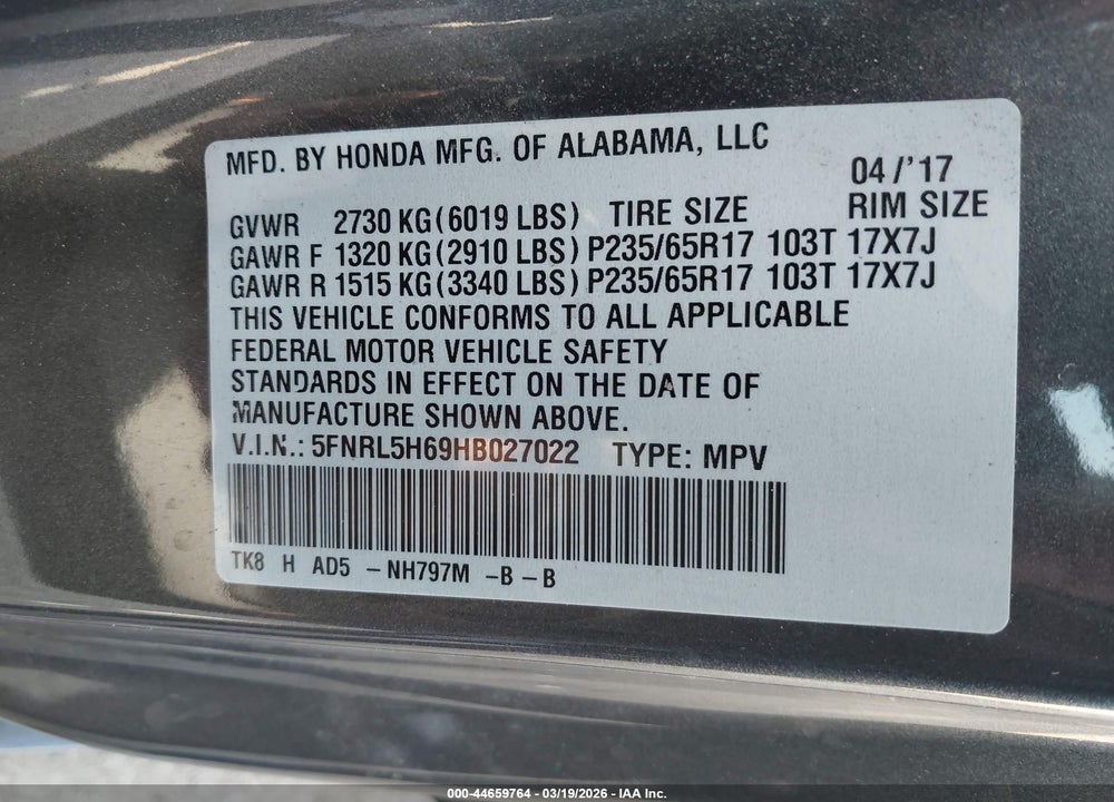 2017 HONDA ODYSSEY EX-L VIN: 5FNRL5H69HB027022