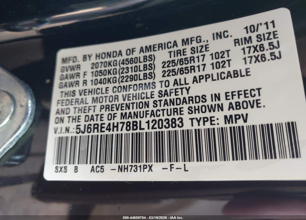2011 HONDA CR-V EX-L VIN: 5J6RE4H78BL120383