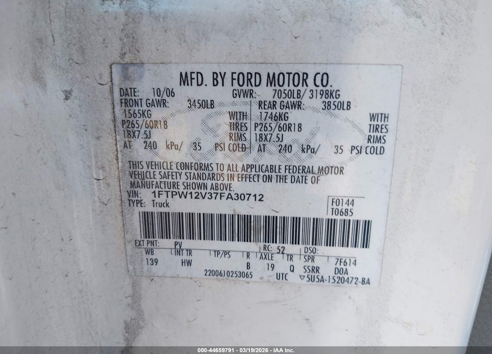 2007 FORD F-150 LARIAT/XLT VIN: 1FTPW12V37FA30712