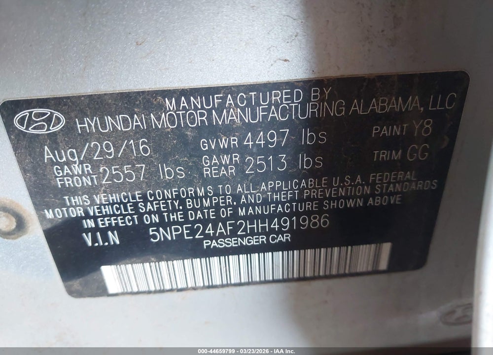 2017 HYUNDAI SONATA VIN: 5NPE24AF2HH491986