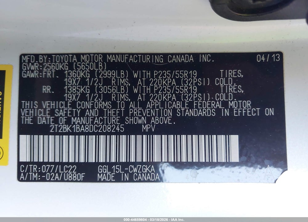 2013 LEXUS RX 350 F SPORT VIN: 2T2BK1BA8DC208245