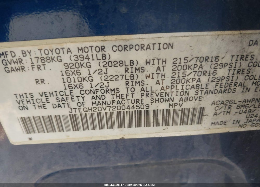 2002 TOYOTA RAV4 VIN: JTEGH20V720044509