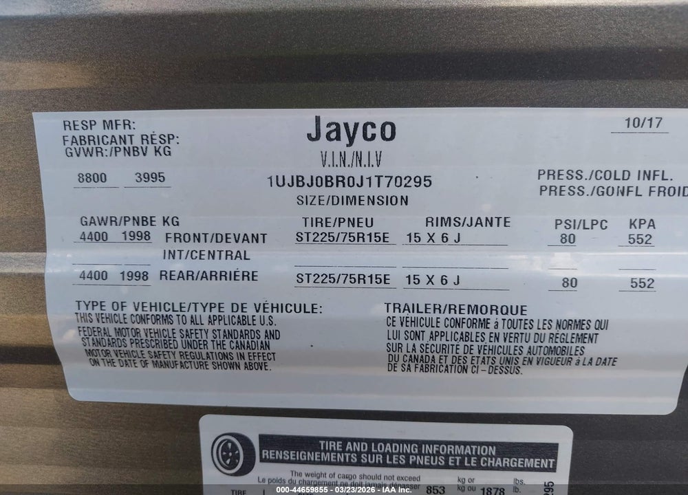 2018 JAYCO OTHER VIN: 1UJBJ0BR0J1T70295