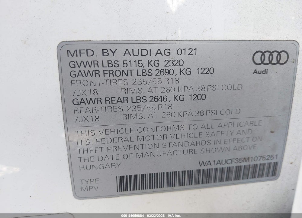2021 AUDI Q3 PREMIUM 40 TFSI QUATTRO TIPTRONIC VIN: WA1AUCF35M1075251