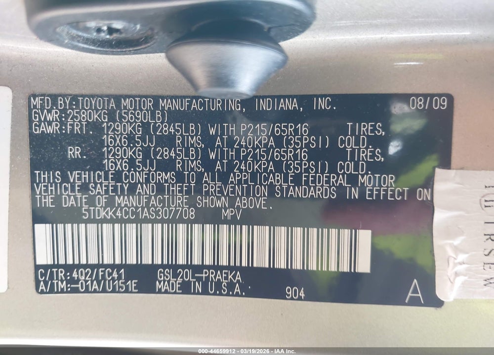 2010 TOYOTA SIENNA LE VIN: 5TDKK4CC1AS307708