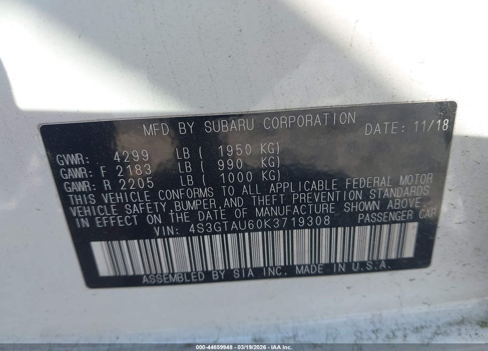 2019 SUBARU IMPREZA 2.0I LIMITED VIN: 4S3GTAU60K3719308