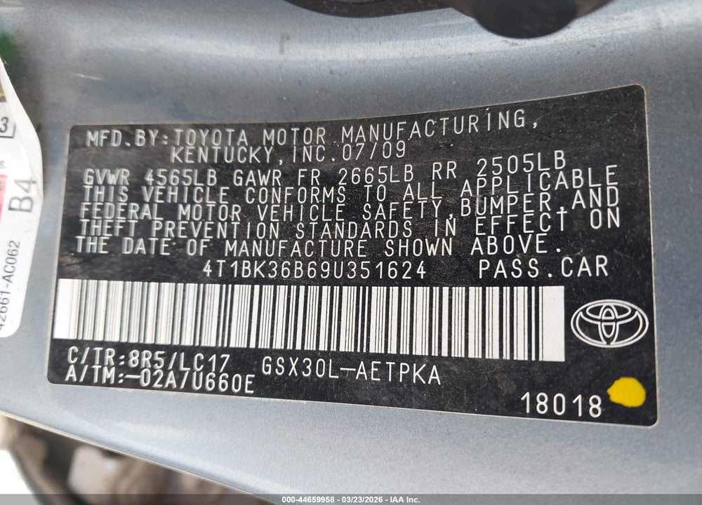 2009 TOYOTA AVALON LIMITED VIN: 4T1BK36B69U351624