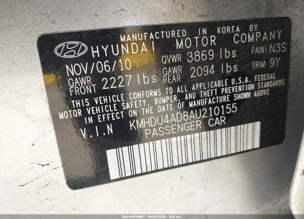 2010 HYUNDAI ELANTRA GLS VIN: KMHDU4AD8AU210155