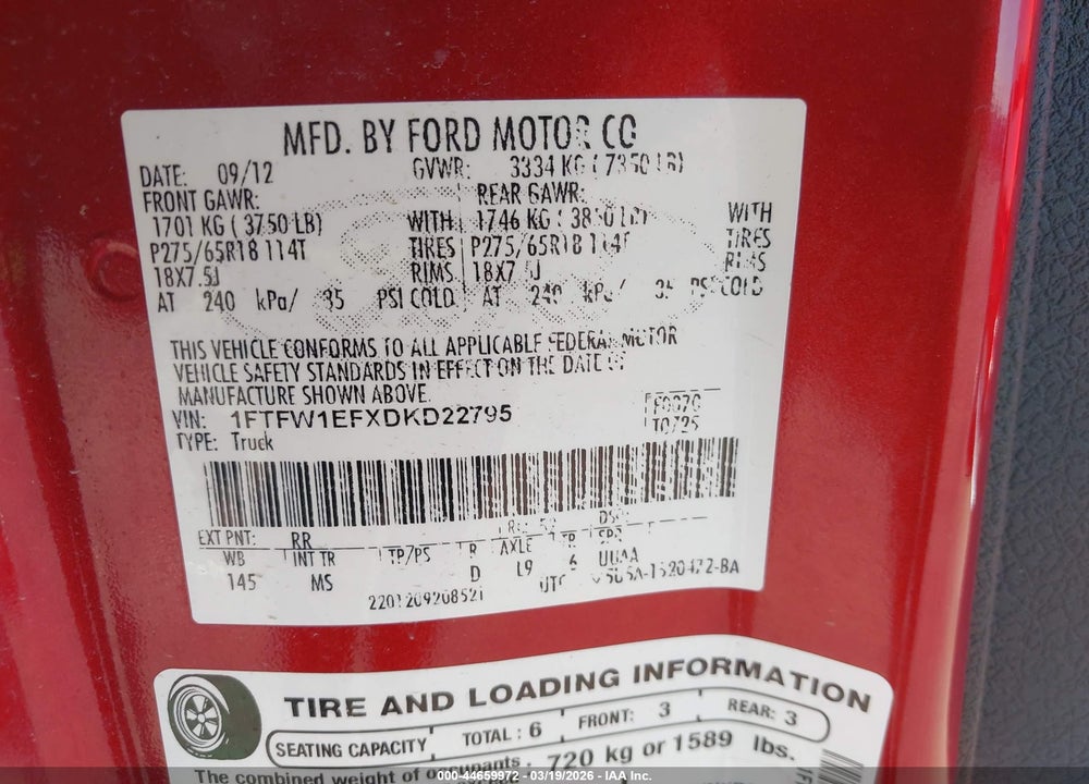 2013 FORD F-150 XLT VIN: 1FTFW1EFXDKD22795