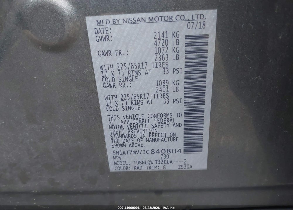 2018 NISSAN ROGUE SV VIN: 5N1AT2MV7JC840804