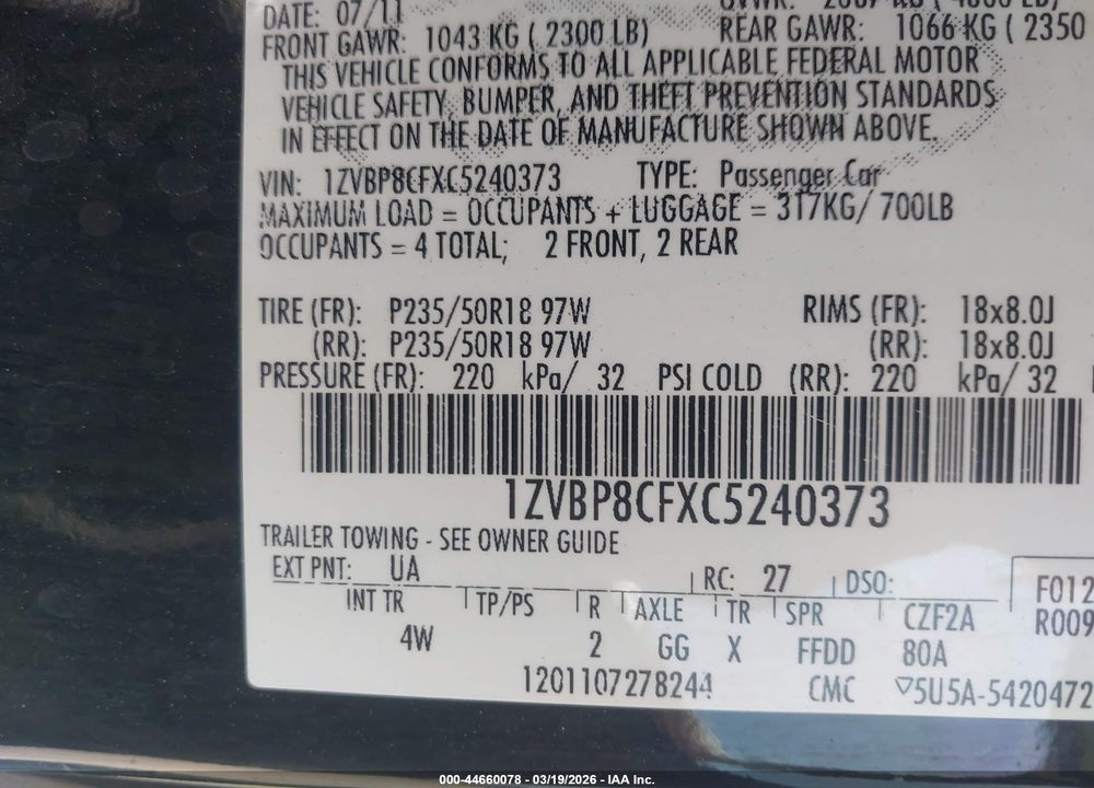 2012 FORD MUSTANG GT PREMIUM VIN: 1ZVBP8CFXC5240373