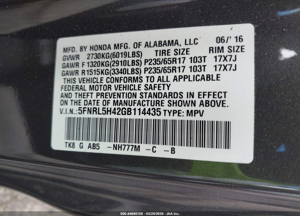 2016 HONDA ODYSSEY EX VIN: 5FNRL5H42GB114435