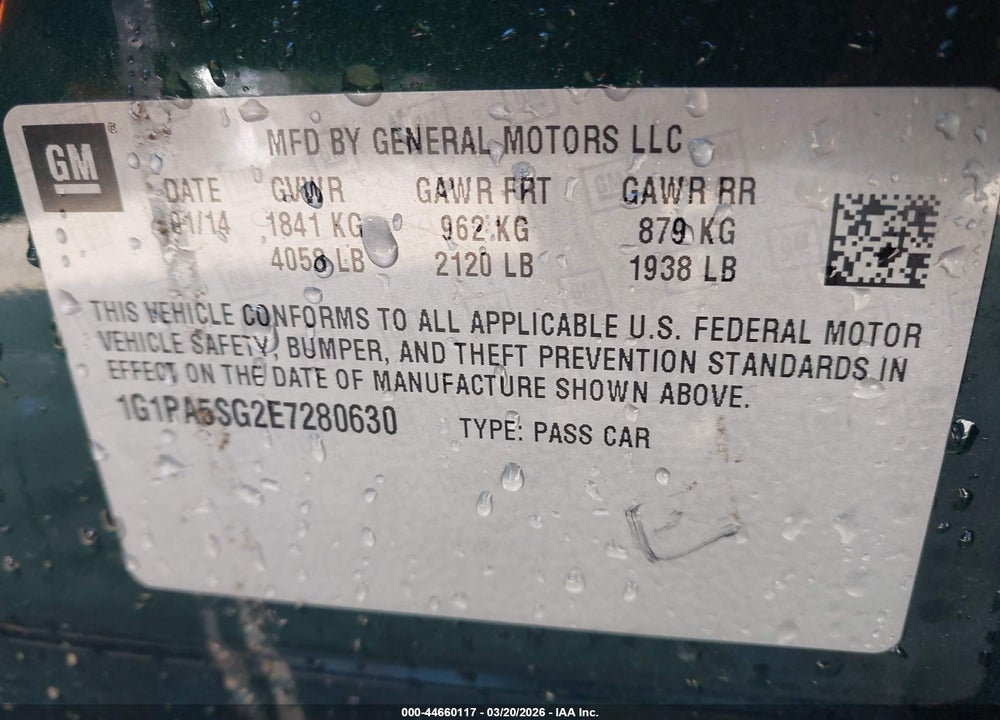 2014 CHEVROLET CRUZE LS AUTO VIN: 1G1PA5SG2E7280630