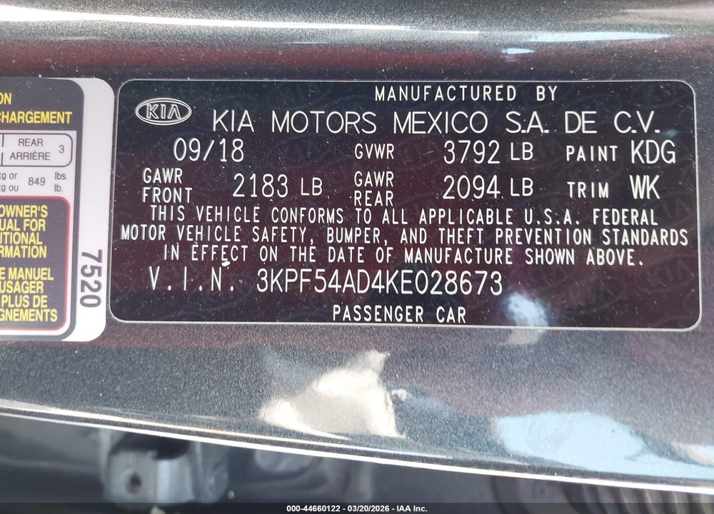 2019 KIA FORTE EX VIN: 3KPF54AD4KE028673
