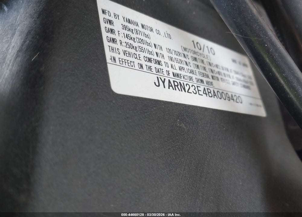 2011 YAMAHA YZFR1 VIN: JYARN23E4BA009420