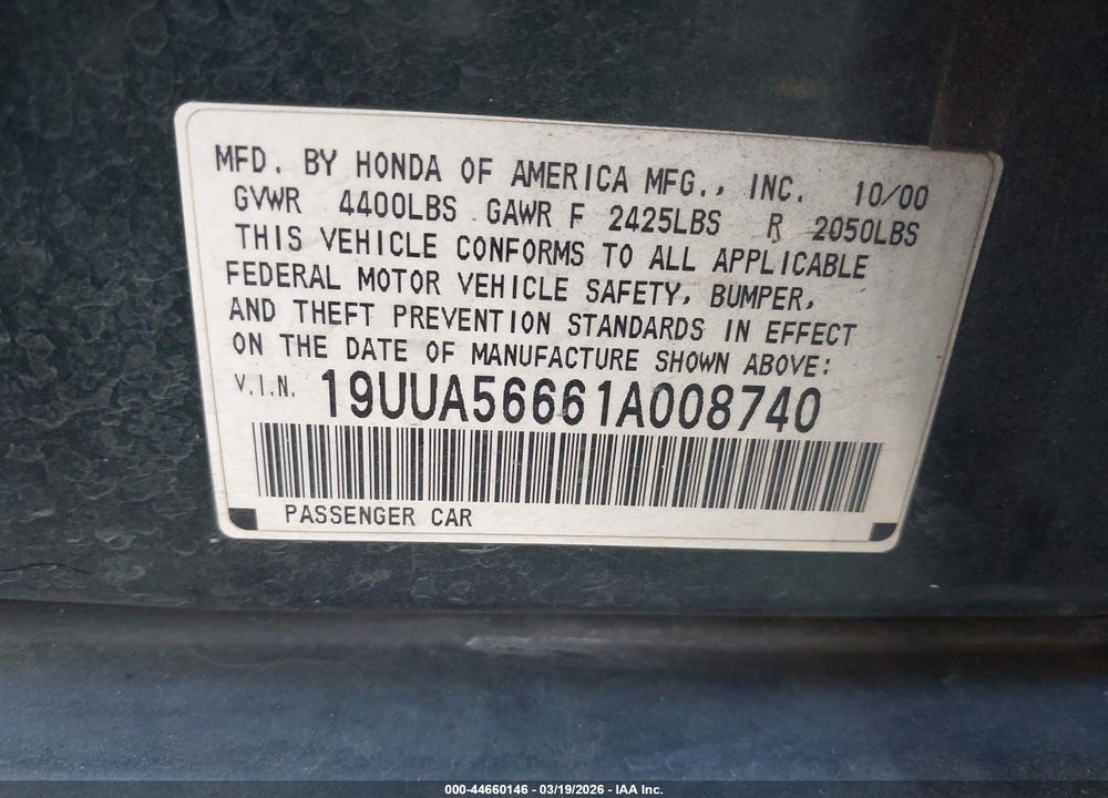 2001 ACURA TL 3.2 VIN: 19UUA56661A008740