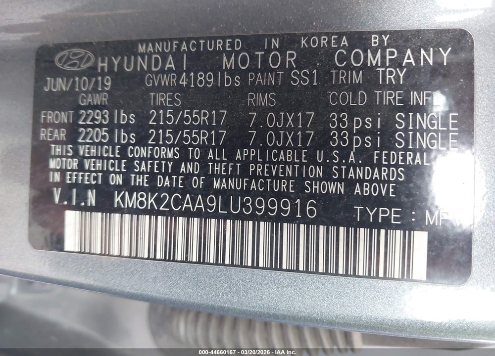 2020 HYUNDAI KONA SEL VIN: KM8K2CAA9LU399916