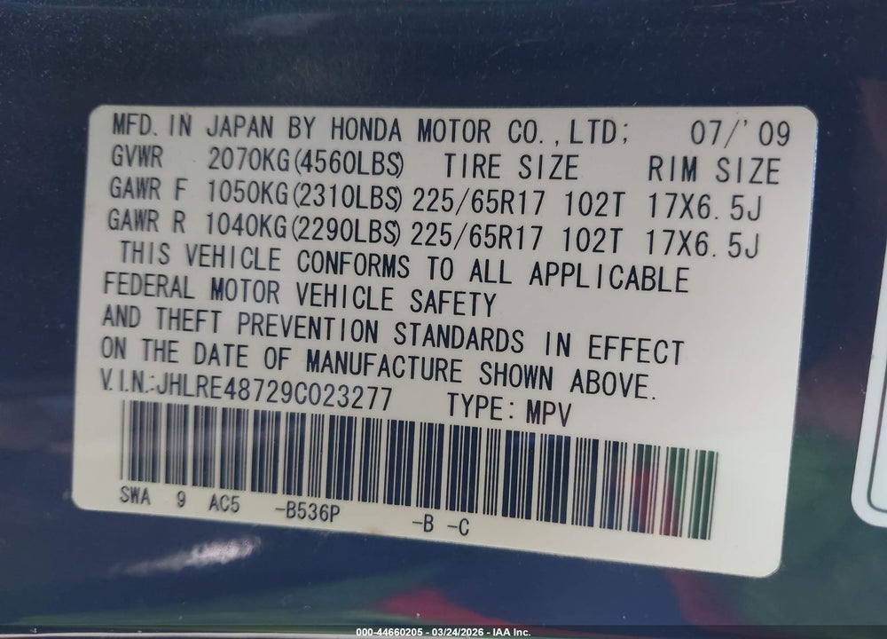 2009 HONDA CR-V EX-L VIN: JHLRE48729C023277
