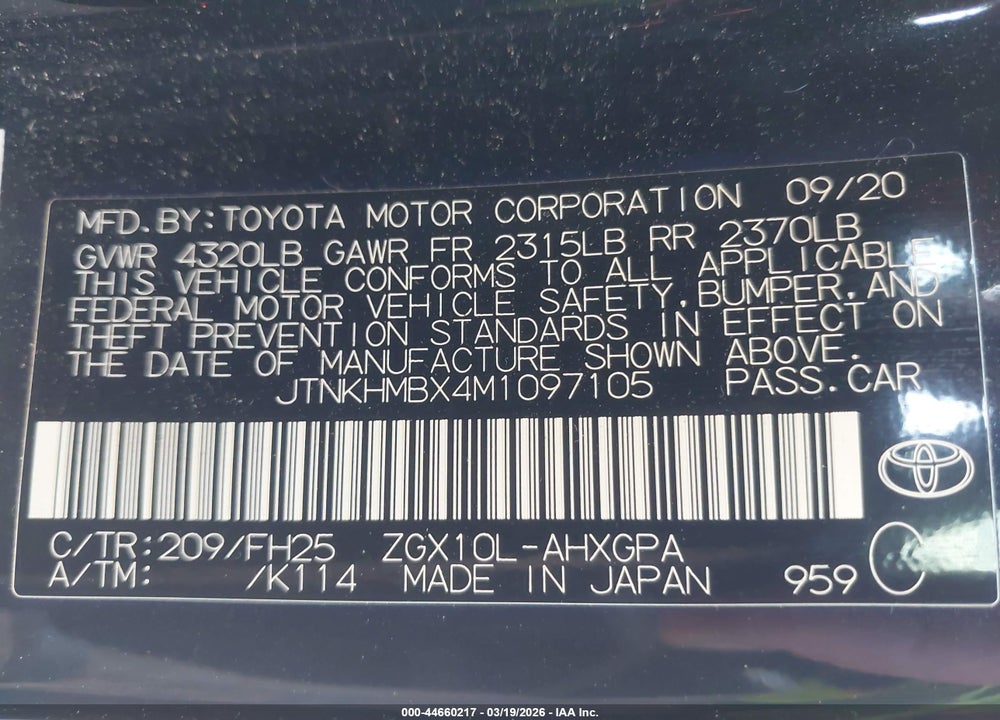 2021 TOYOTA C-HR NIGHTSHADE EDITION VIN: JTNKHMBX4M1097105