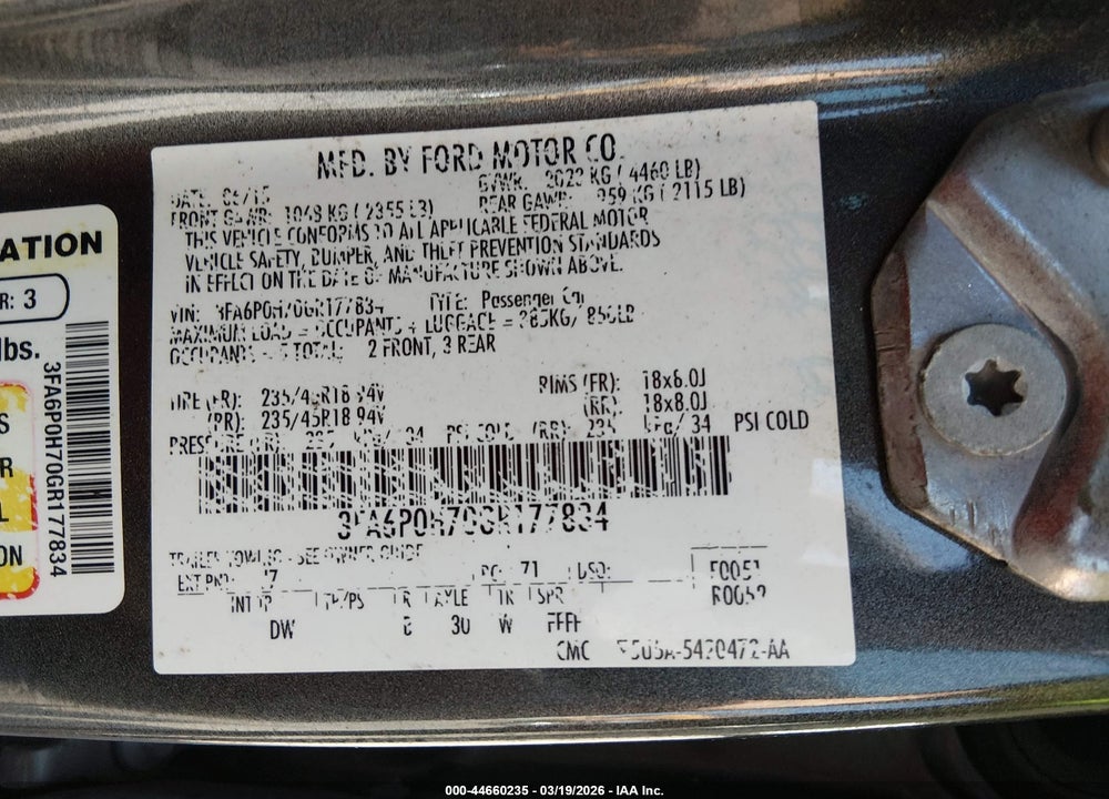 2016 FORD FUSION SE VIN: 3FA6P0H70GR177834
