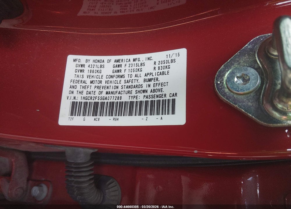 2016 HONDA ACCORD SPORT VIN: 1HGCR2F55GA077289