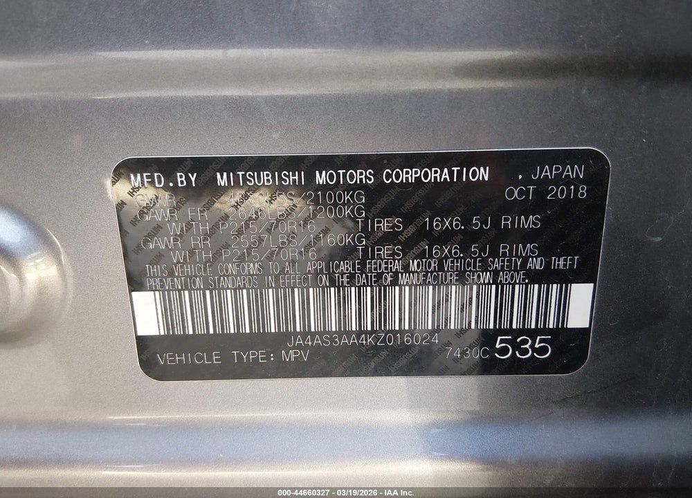 2019 MITSUBISHI ECLIPSE CROSS ES VIN: JA4AS3AA4KZ016024