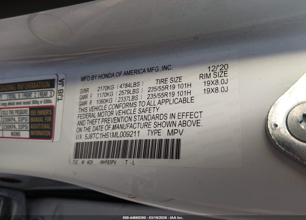 2021 ACURA RDX TECHNOLOGY PACKAGE VIN: 5J8TC1H51ML009211