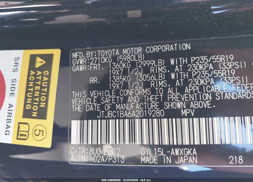 2010 LEXUS RX 450H VIN: JTJBC1BA6A2019280