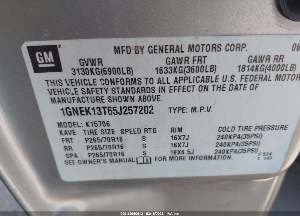 2005 CHEVROLET TAHOE LS VIN: 1GNEK13T65J257202