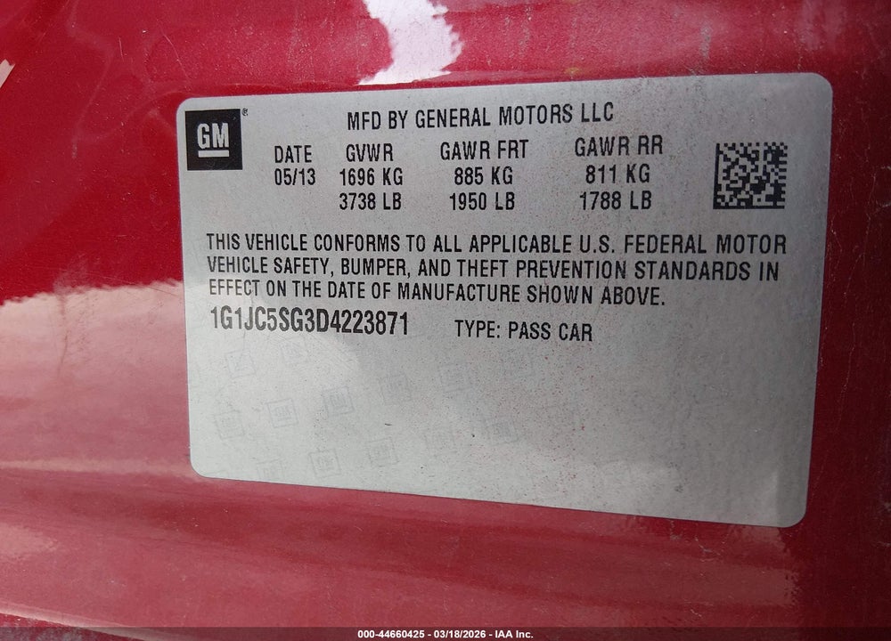 2013 CHEVROLET SONIC LT VIN: 1G1JC5SG3D4223871