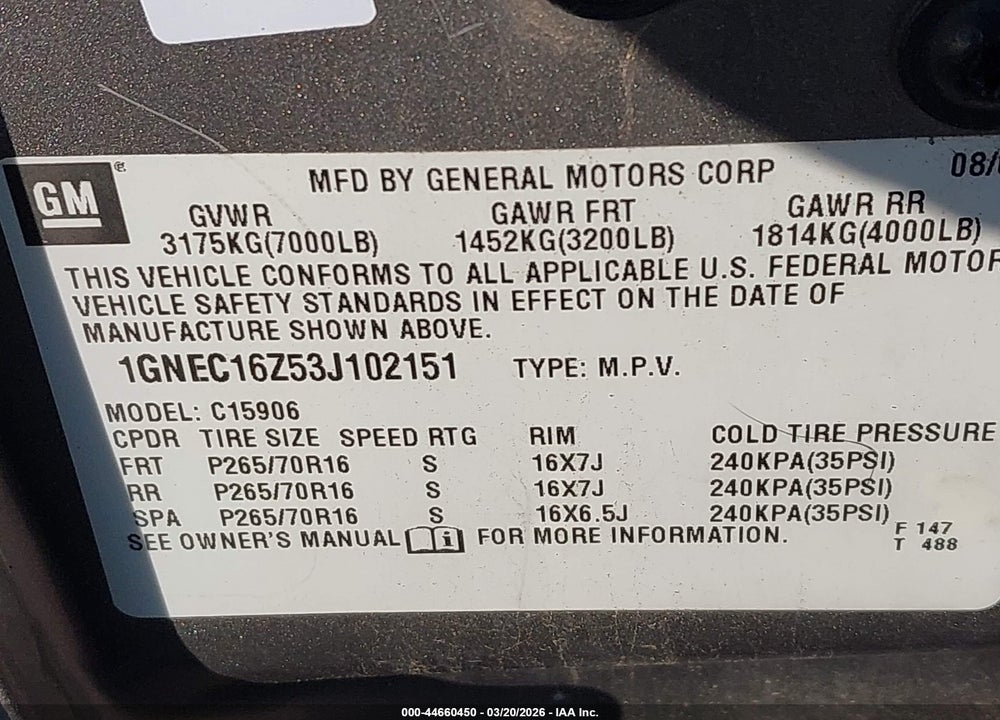 2003 CHEVROLET SUBURBAN 1500 LT VIN: 1GNEC16Z53J102151